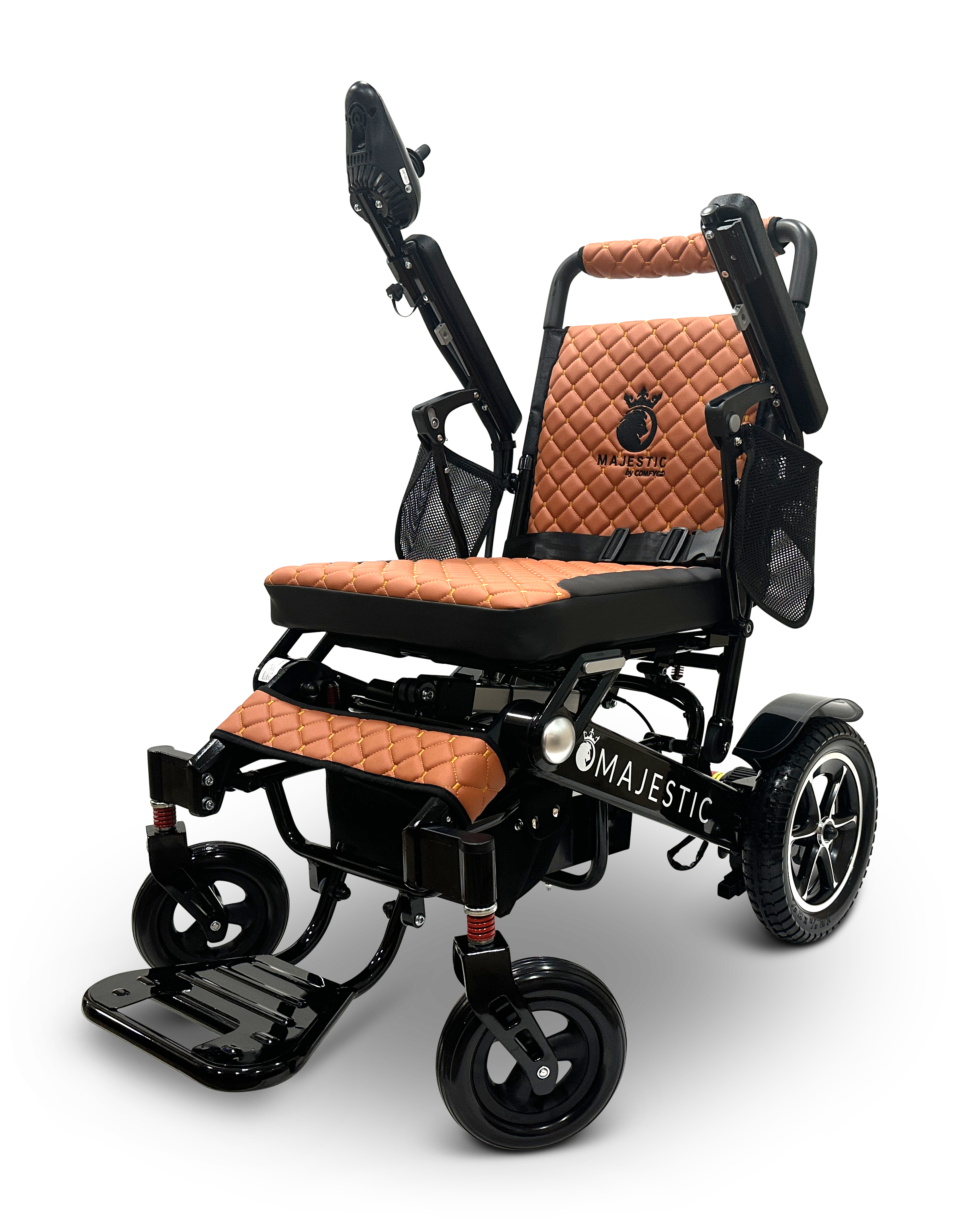 The MAJESTIC IQ-7000 Auto Folding Remote Controlled Electric Wheelchair is available in black and brown, featuring a quilted seat and backrest. It comes with an intelligent joystick control on the right arm, a folding footrest, and supportive armrests. The Majestic brand name is prominently displayed on its auto-folding frame.